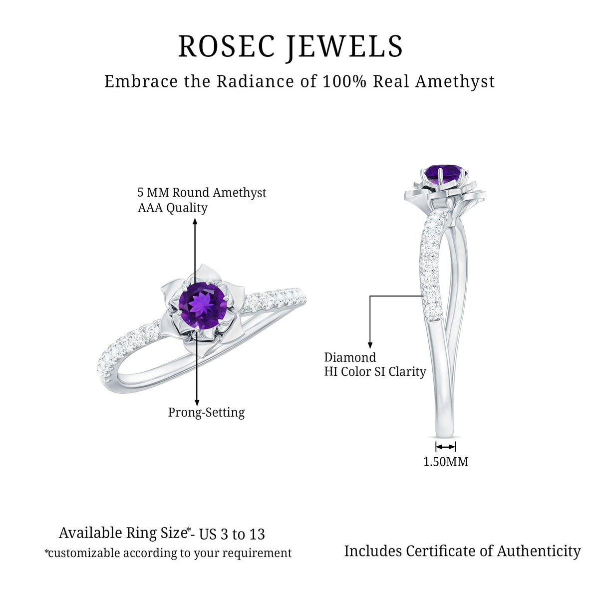 Natural Amethyst Rose Engagement Ring with Diamond