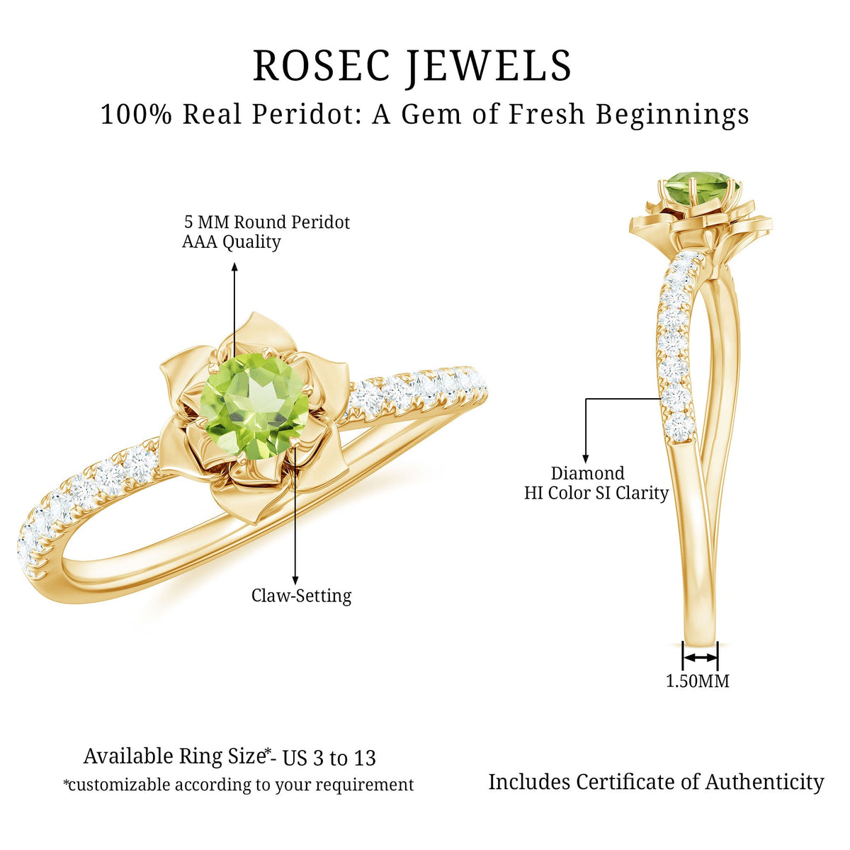 Nature Inspired Half Carat Peridot Flower Engagement Ring with Diamond