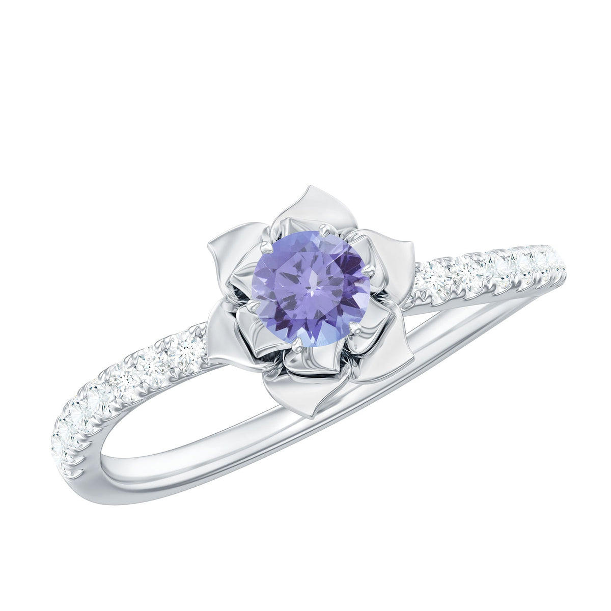 Genuine Tanzanite Rose Flower Engagement Ring with Diamond Curved Shank