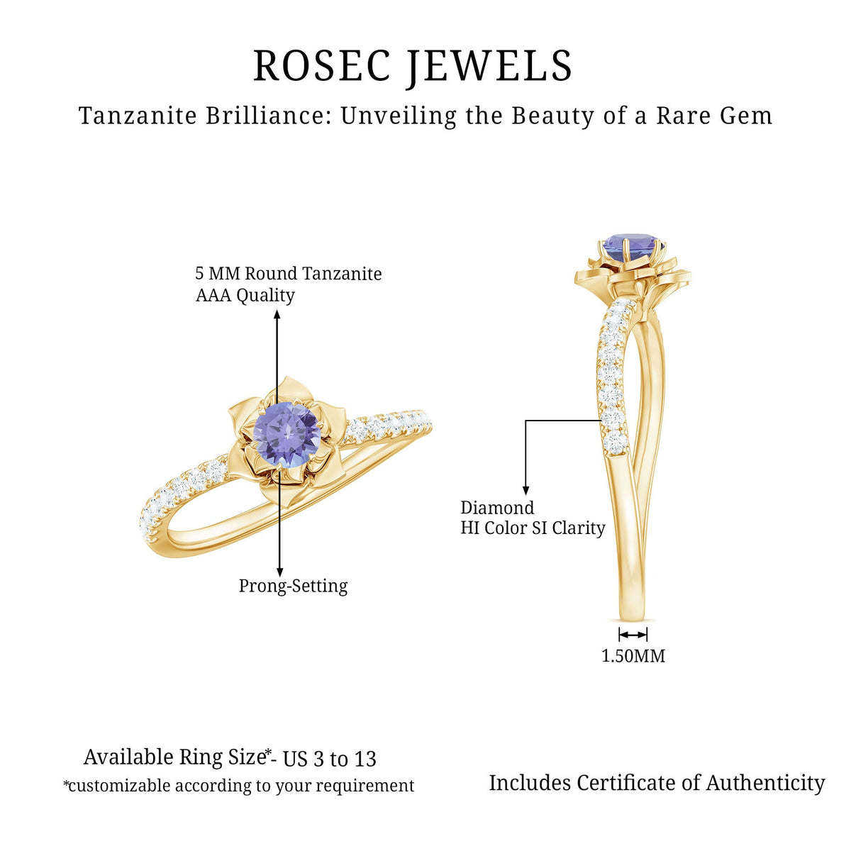 Genuine Tanzanite Rose Flower Engagement Ring with Diamond Curved Shank