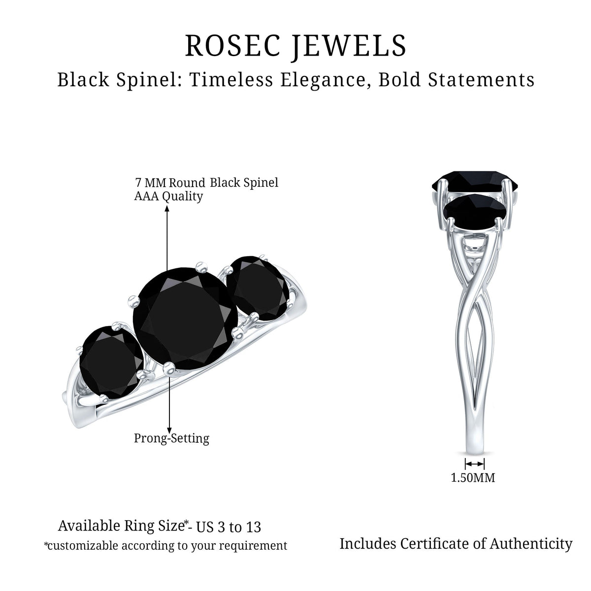 Natural Black Spinel 3 Stone Engagement Ring for Women
