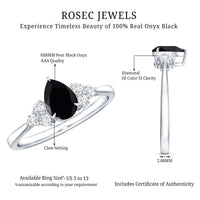Pear Shaped Black Onyx Engagement Ring with Real Diamond Trio