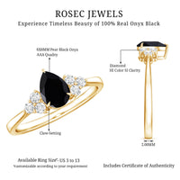 Pear Shaped Black Onyx Engagement Ring with Real Diamond Trio