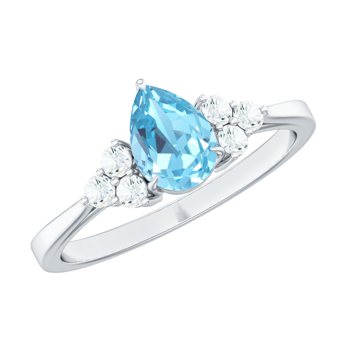 Elegant 1 carat aquamarine pear-shaped engagement ring with diamond trio accents by Rosec Jewels, showcasing fine jewelry craftsmanship.