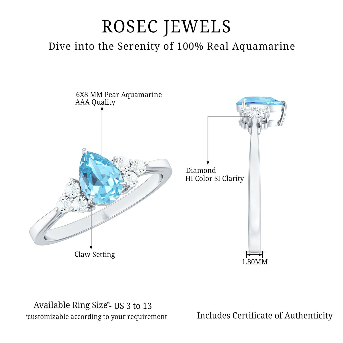 Pear-shaped 1 carat aquamarine engagement ring with diamond trio accents from Rosec Jewels, showcasing elegant jewelry design.