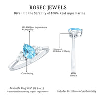 Pear-shaped 1 carat aquamarine engagement ring with diamond trio accents from Rosec Jewels, showcasing elegant jewelry design.