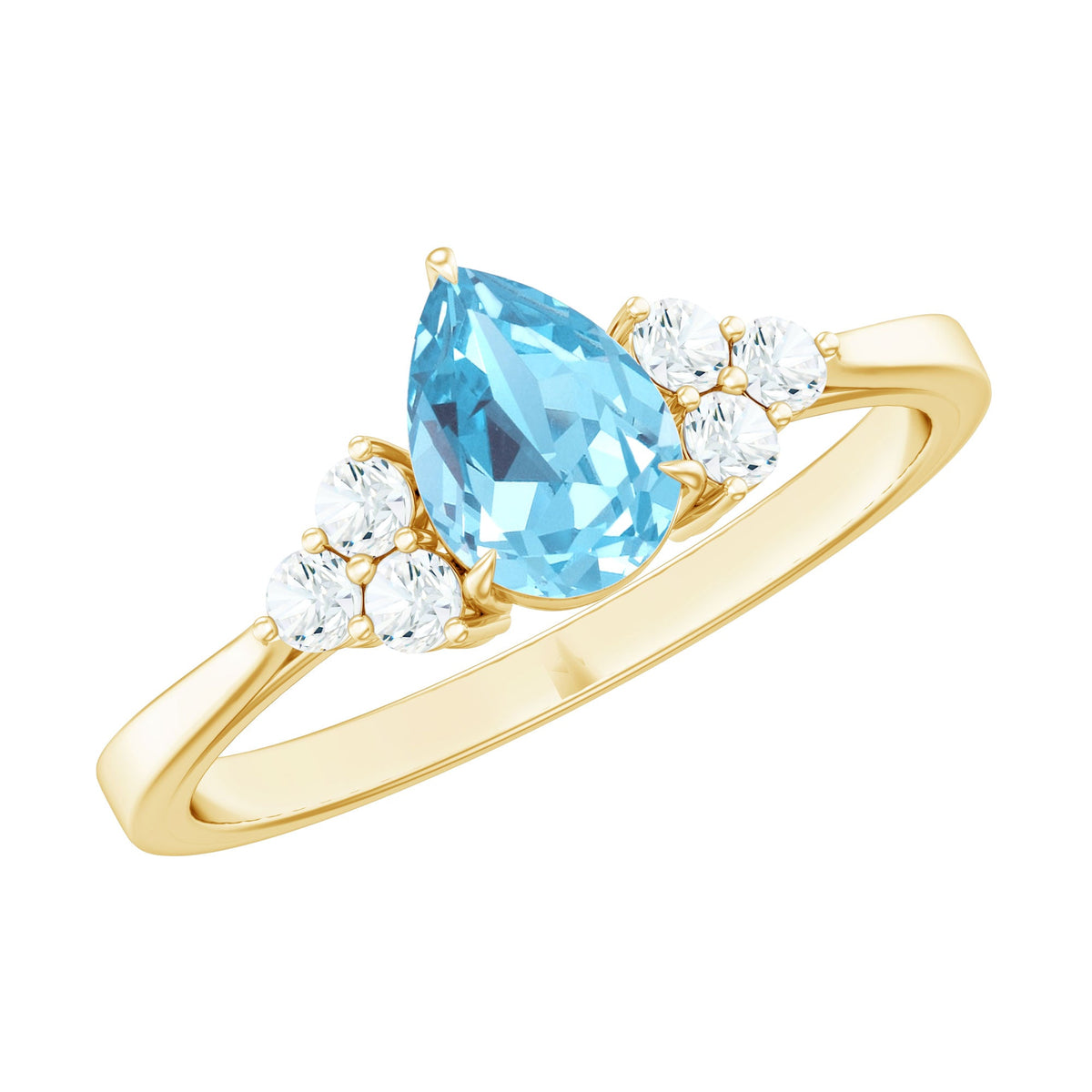 Pear-shaped 1 Carat Aquamarine engagement ring with diamond trio accents, crafted by Rosec Jewels.