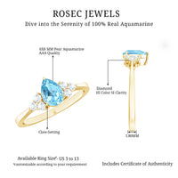 Rosec Jewels 1 Carat Aquamarine Pear Engagement Ring with Diamond Trio, showcasing a sparkling aquamarine centerpiece and delicate diamond accents.