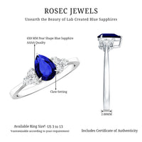 1.6 Carat Lab Blue Sapphire Teardrop Engagement Ring with Diamond Trio