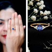 1.6 Carat Lab Blue Sapphire Teardrop Engagement Ring with Diamond Trio