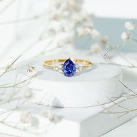 1.6 Carat Lab Blue Sapphire Teardrop Engagement Ring with Diamond Trio