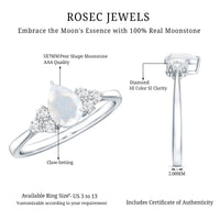Pear Shape Moonstone Solitaire Ring with Diamond Trio
