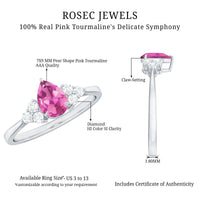 3/4 CT Natural Pink Tourmaline Teardrop Solitaire Ring with Diamond Trio