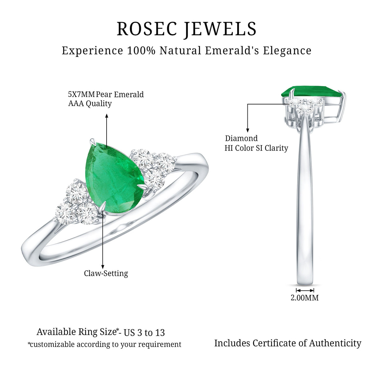 Pear-shaped emerald engagement ring with 0.6 carat AAA quality gemstone and diamonds, featuring a delicate band from Rosec Jewels.