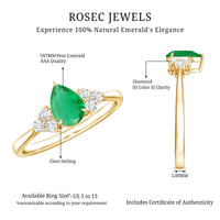 Pear-shaped emerald engagement ring with 0.6 carat AAA quality gemstone and diamond accents, crafted by Rosec Jewels.