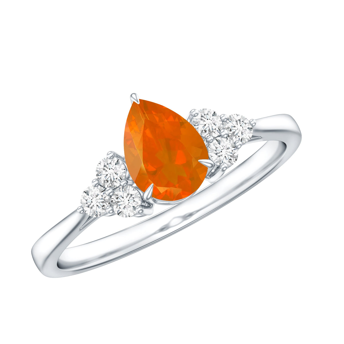 Pear-shaped 0.6 carat fire opal engagement ring with diamond trio accents, showcasing elegant jewelry design by Rosec Jewels.