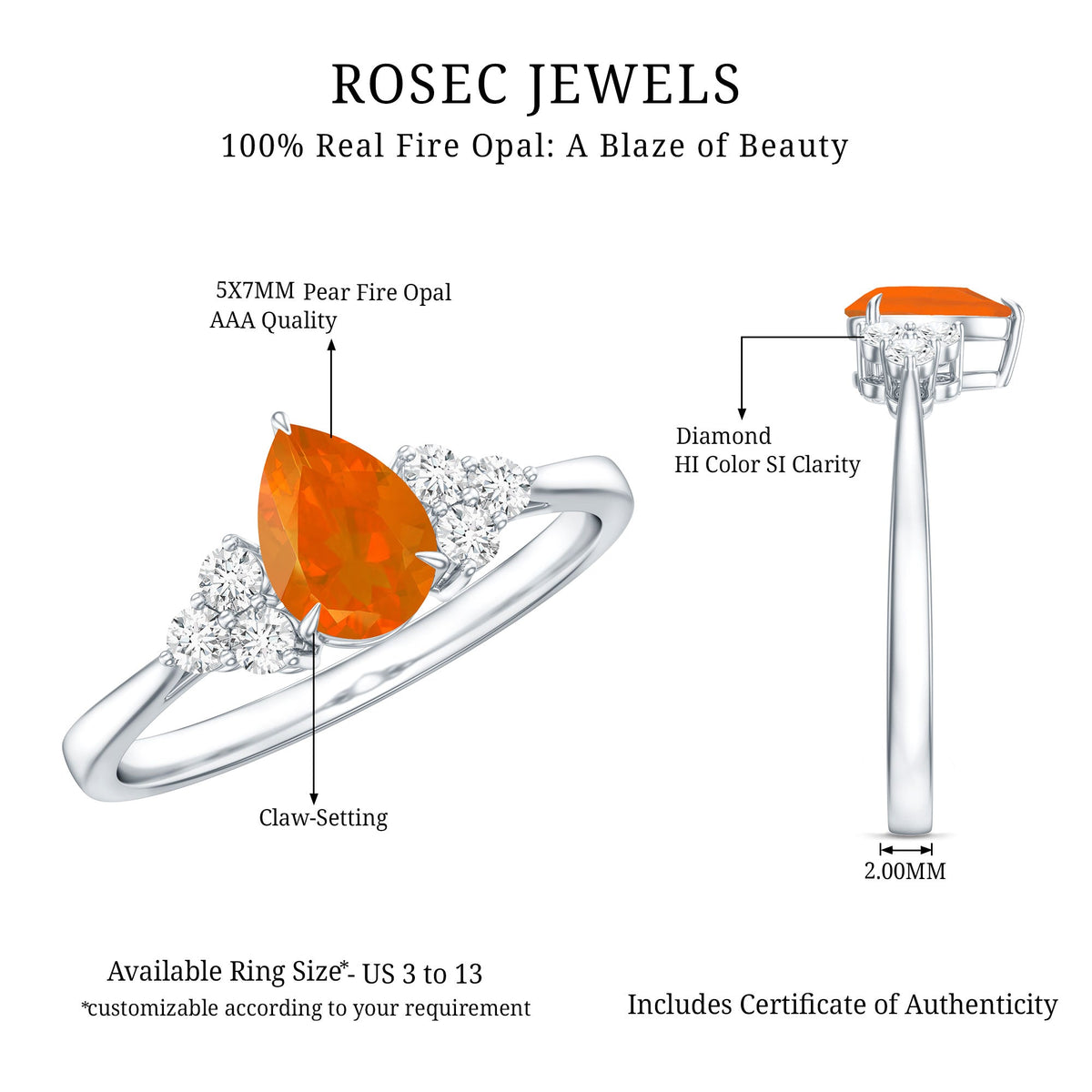 Pear-shaped fire opal engagement ring with diamond trio featuring 0.6 carats, crafted by Rosec Jewels.