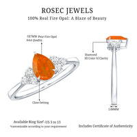 Pear-shaped fire opal engagement ring with diamond trio featuring 0.6 carats, crafted by Rosec Jewels.