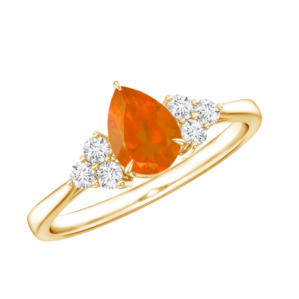 Pear-shaped fire opal engagement ring with a 0.6 carat gemstone and diamond trio accents by Rosec Jewels