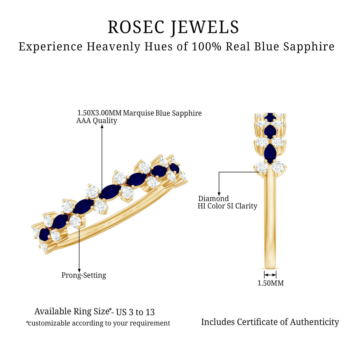 Real Blue Sapphire and Diamond Half Eternity Ring for Women