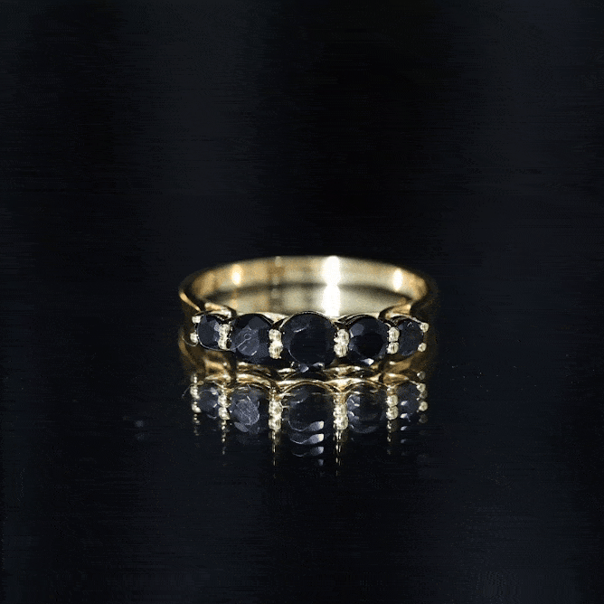 Rosec Jewels Trellis Set Black Onyx 5 Stone Ring in graduated style, featuring black onyx stones and intricate band design.