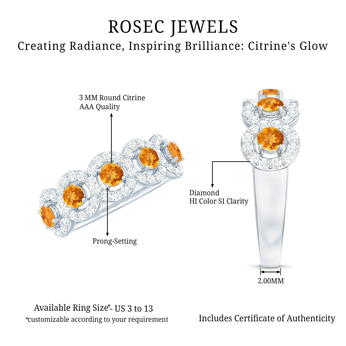 Certified Natural Citrine Diamond Half Eternity Band for Anniversary