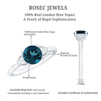 7 mm London Blue Topaz Solitaire Engagement Ring with Diamond Trio