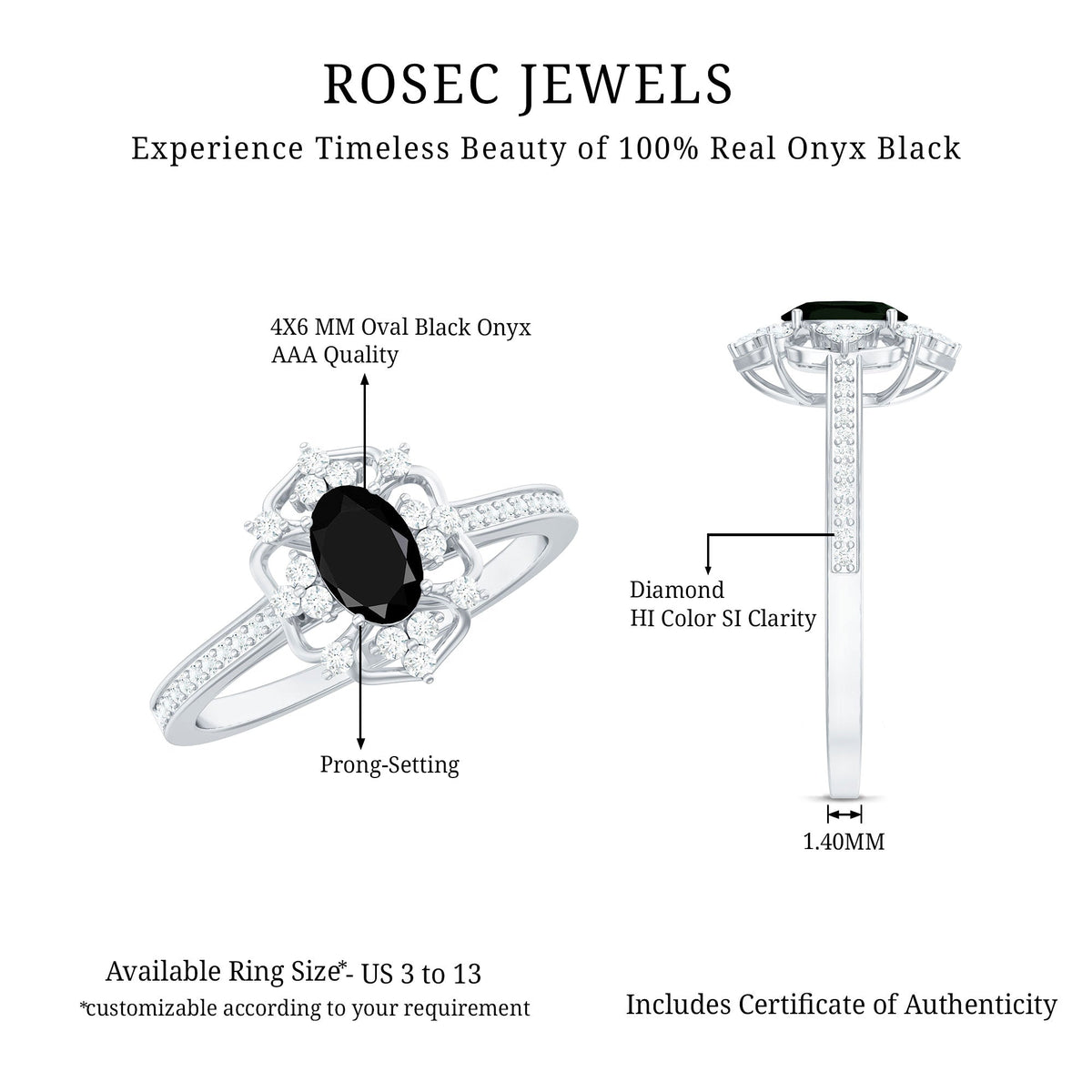 Certified 4X6mm Black Onyx Vintage Inspired Engagement Ring with Diamond