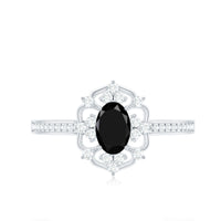 Vintage Looking Black Spinel Oval Engagement Ring with Diamond