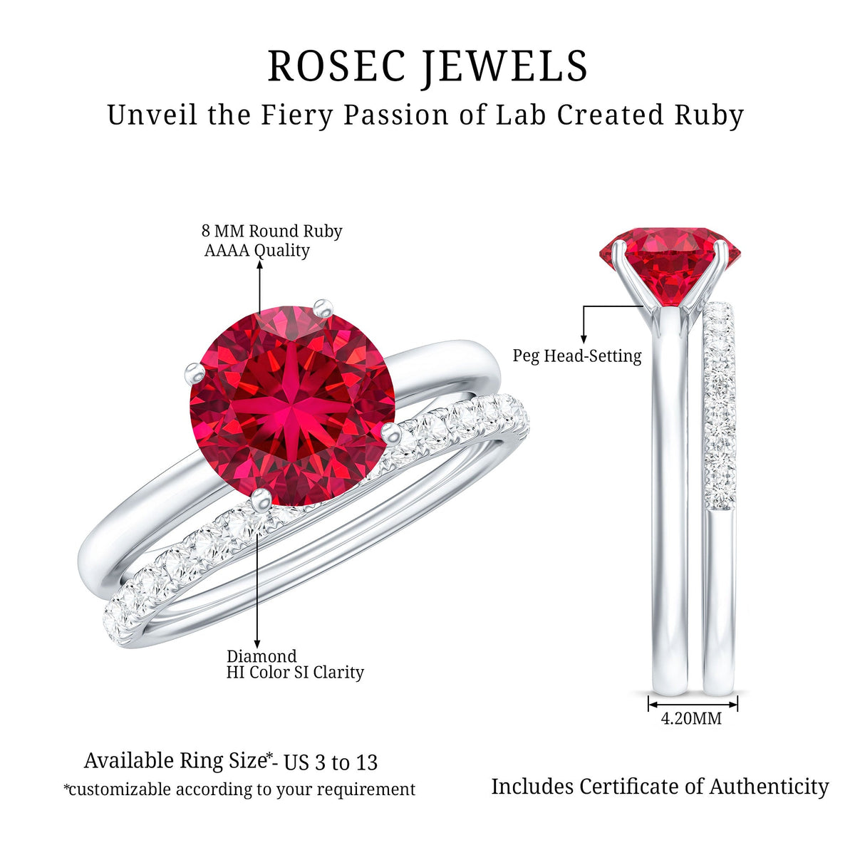 3 CT Solitaire Created Ruby Wedding Ring Set with Diamond