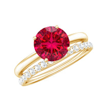 3 CT Solitaire Created Ruby Wedding Ring Set with Diamond