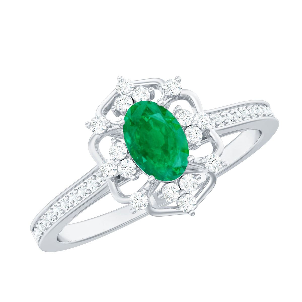 Vintage style emerald and diamond oval engagement ring by Rosec Jewels featuring a central emerald and sparkling diamonds.