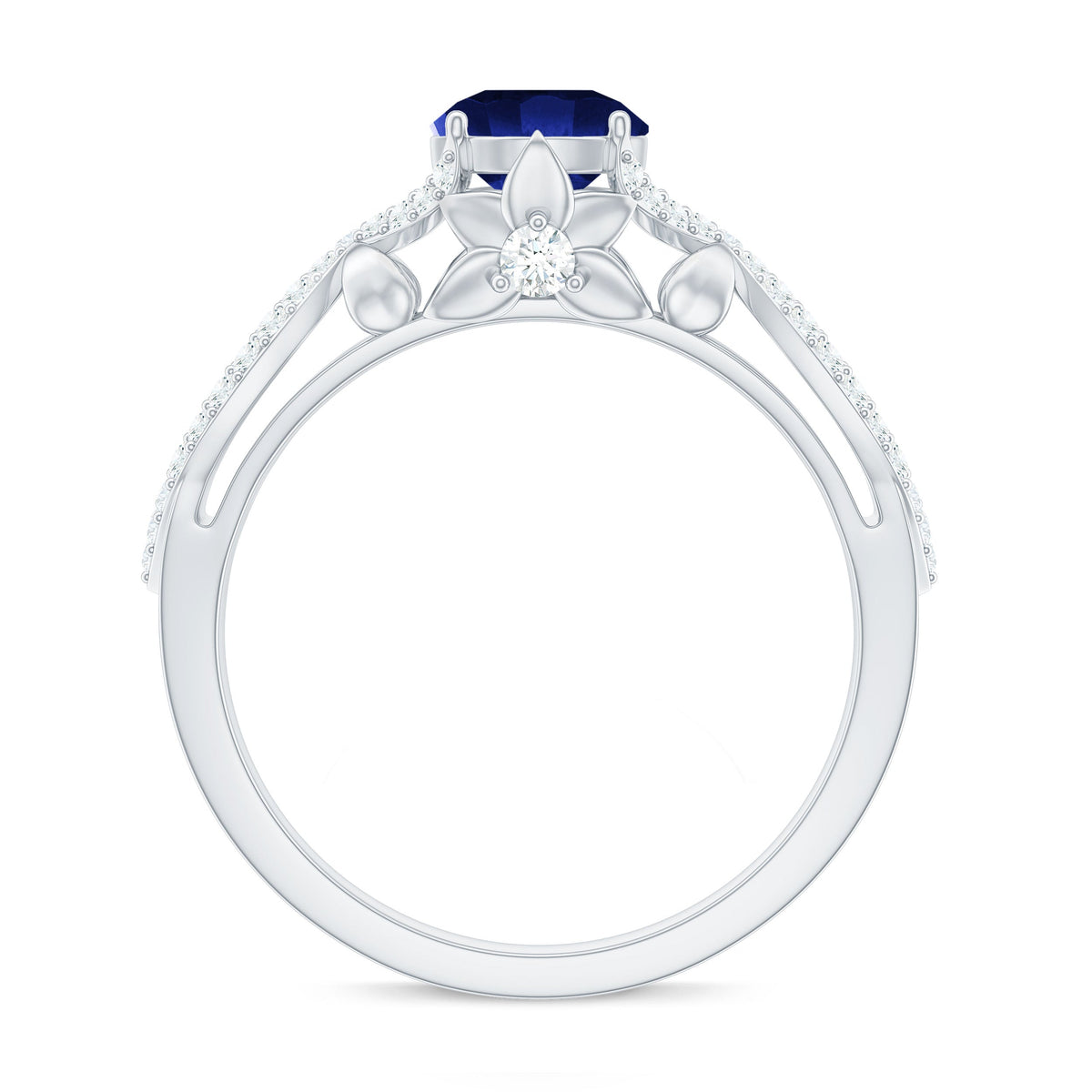 1 Carat Lab Grown Blue Sapphire Engagement Ring with Diamond Crossover Shank