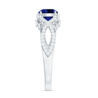 1 Carat Lab Grown Blue Sapphire Engagement Ring with Diamond Crossover Shank