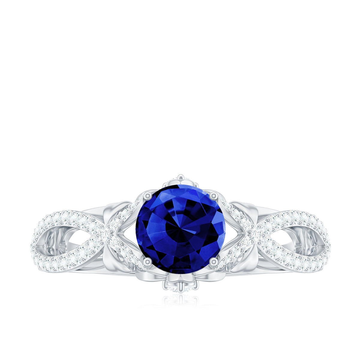 1 Carat Lab Grown Blue Sapphire Engagement Ring with Diamond Crossover Shank
