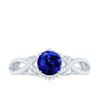 1 Carat Lab Grown Blue Sapphire Engagement Ring with Diamond Crossover Shank
