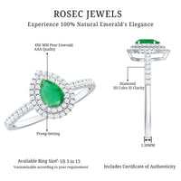 Natural Emerald Teardrop Engagement Ring with Diamond Double Halo