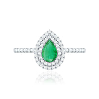 Natural Emerald Teardrop Engagement Ring with Diamond Double Halo