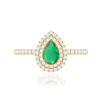 Natural Emerald Teardrop Engagement Ring with Diamond Double Halo
