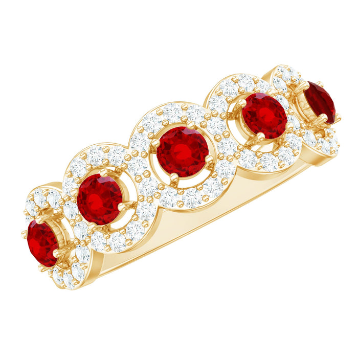 Classic lab-grown ruby and diamond halo half eternity ring by Rosec Jewels, featuring a sparkling ruby surrounded by diamonds in a sleek band.