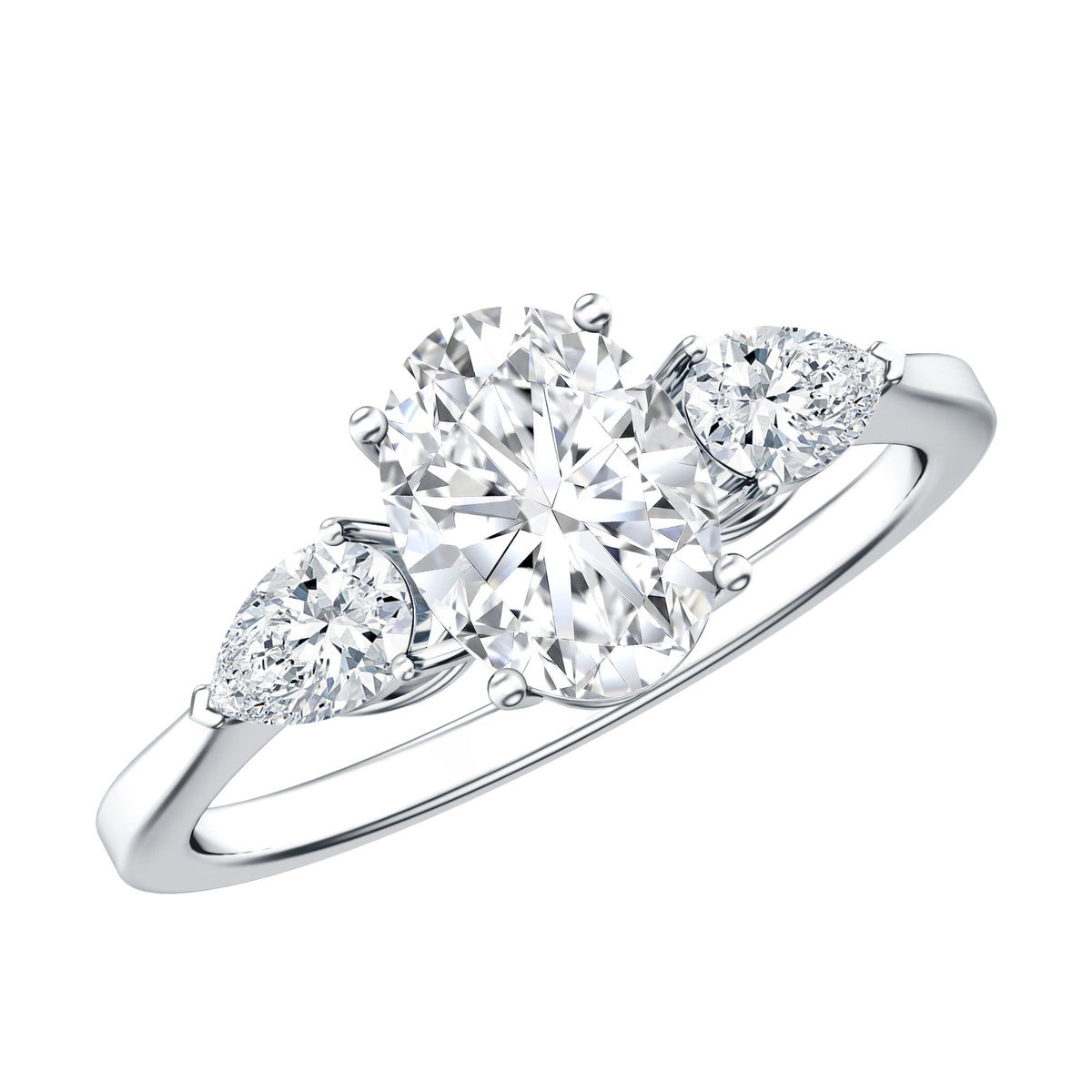 Oval and pear cut Moissanite three stone engagement ring from Rosec Jewels with sparkling gemstones and elegant setting.