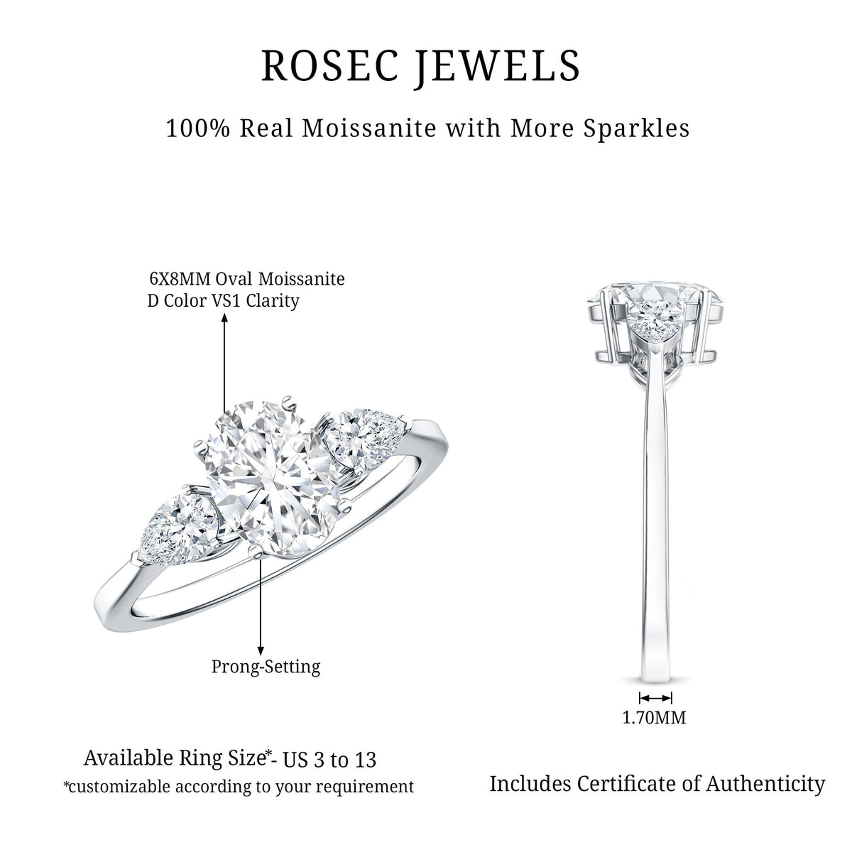 Oval and pear cut Moissanite three stone engagement ring by Rosec Jewels, showcasing sparkling gemstones on a silver band.