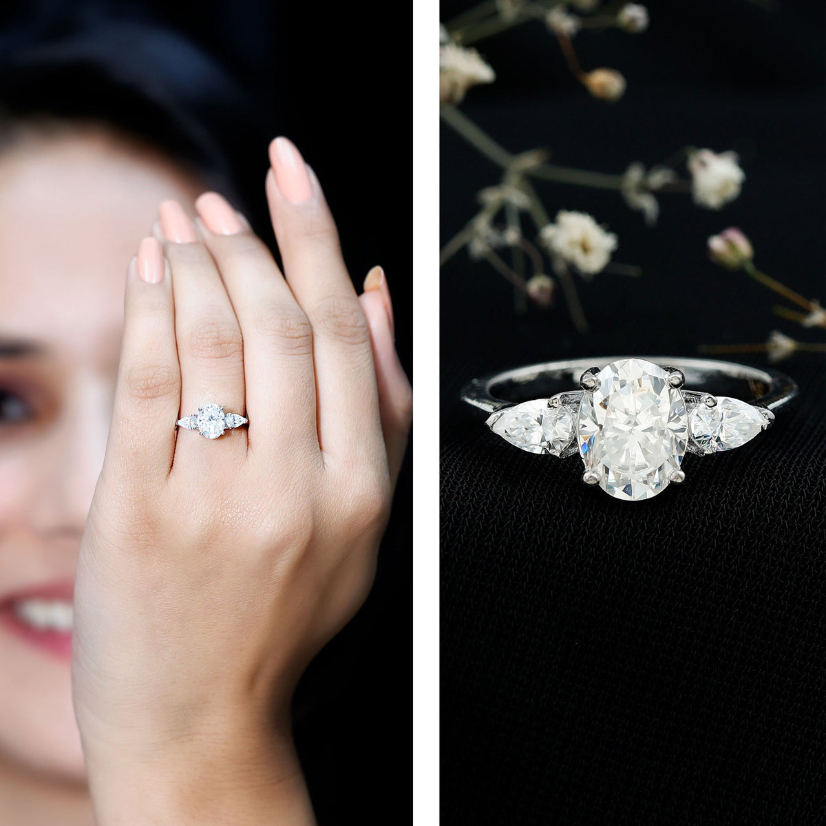Oval and pear cut moissanite three-stone engagement ring by Rosec Jewels, featuring sparkling stones set in elegant ring band.