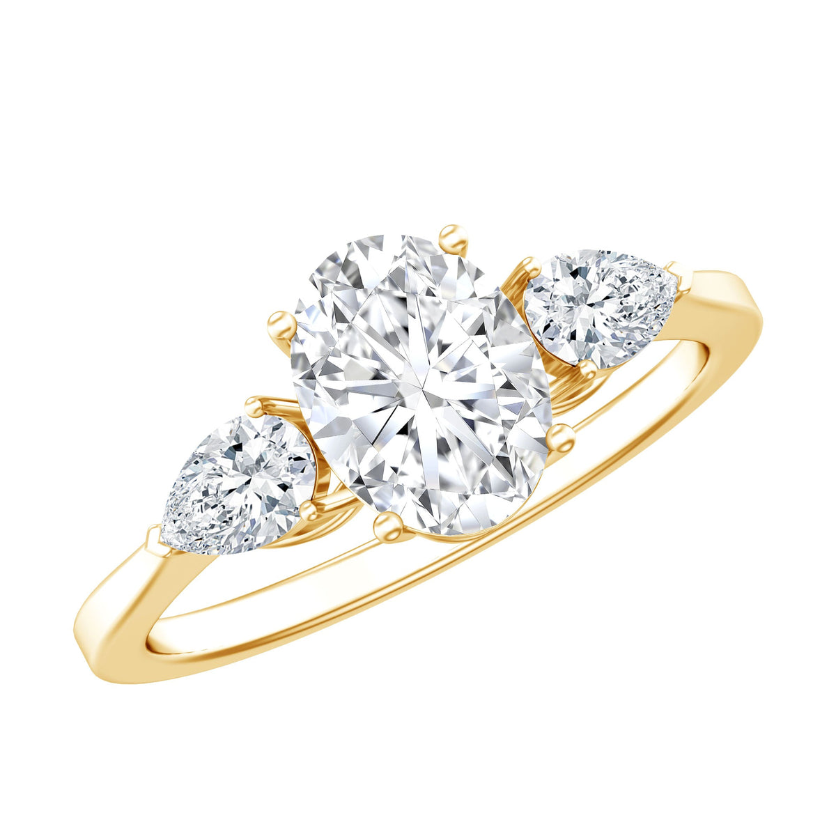Oval and pear cut moissanite three stone engagement ring from Rosec Jewels, featuring sparkling gemstones and intricate band design.