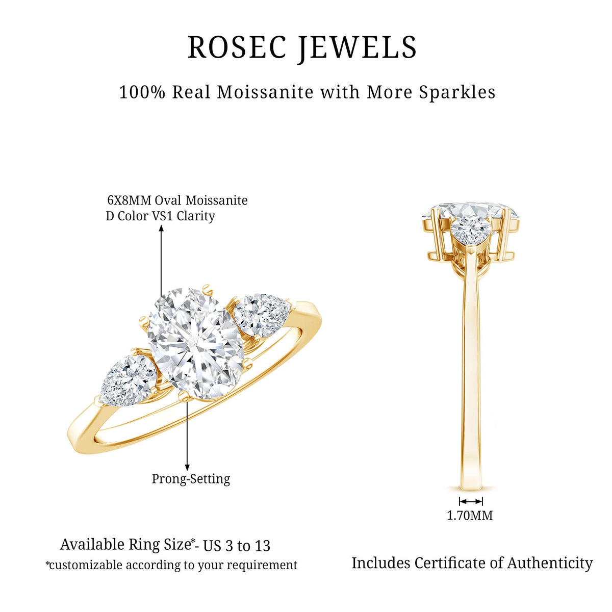 Oval and pear cut moissanite three-stone engagement ring by Rosec Jewels, showcasing sparkling gemstones and elegant band detail.