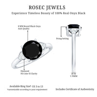 Real Black Onyx Solitaire Engagement Ring with Diamond Trio