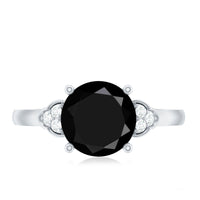 Real Black Onyx Solitaire Engagement Ring with Diamond Trio