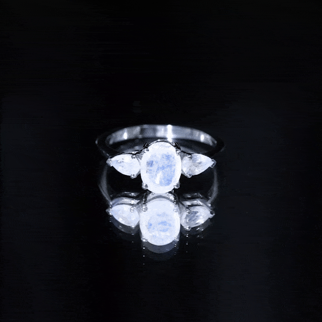 Yellow gold natural moonstone three-stone engagement ring by Rosec Jewels featuring three moonstone gemstones in a classic setting.