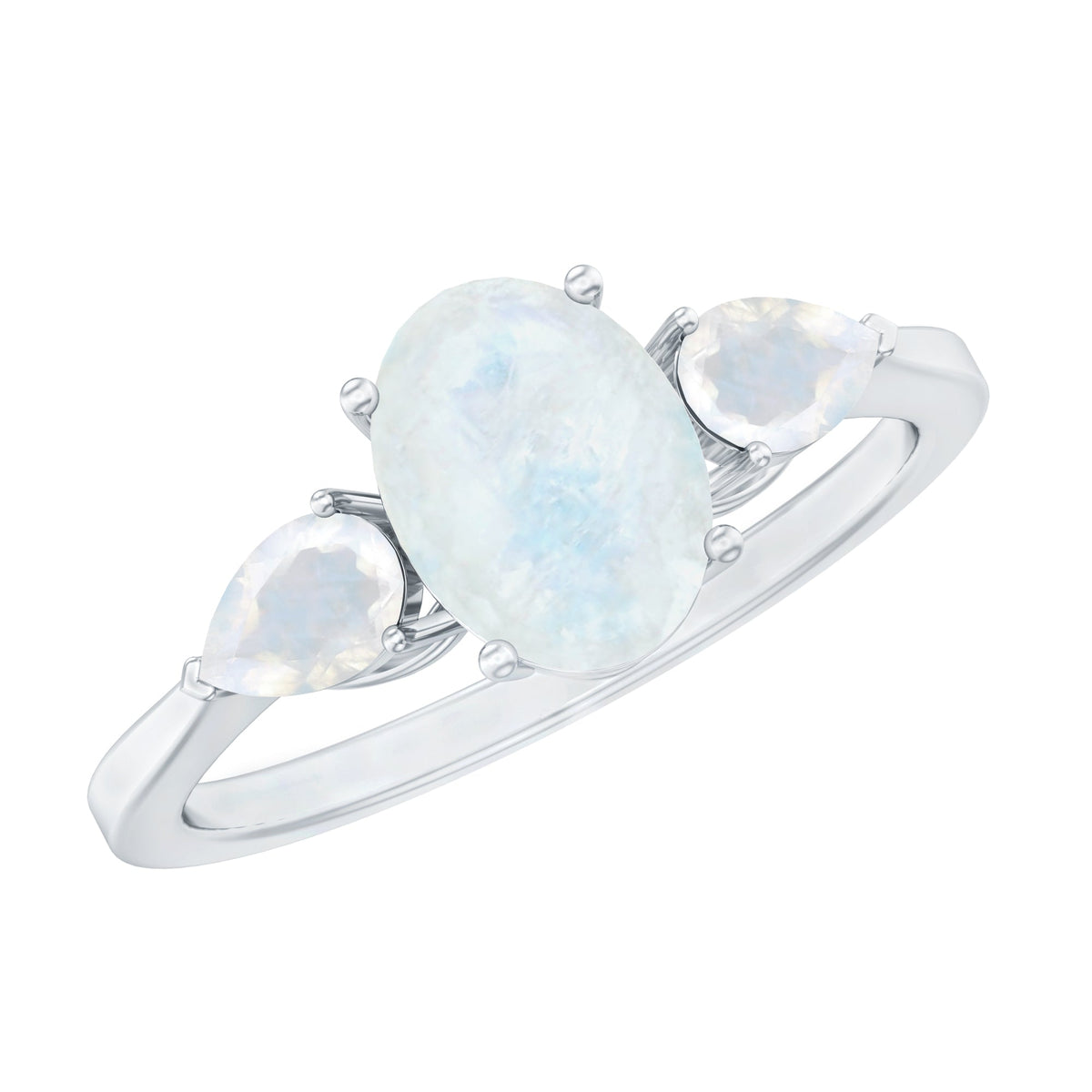 Natural moonstone three-stone engagement ring from Rosec Jewels featuring a delicate silver band and luminous moonstone gemstones.
