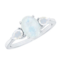 Natural moonstone three-stone engagement ring from Rosec Jewels featuring a delicate silver band and luminous moonstone gemstones.